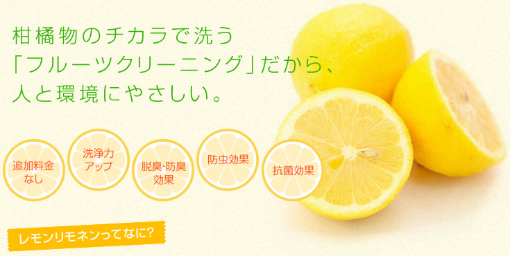 柑橘物のチカラで洗う「フルーツクリーニング」だから、人と環境にやさしい。